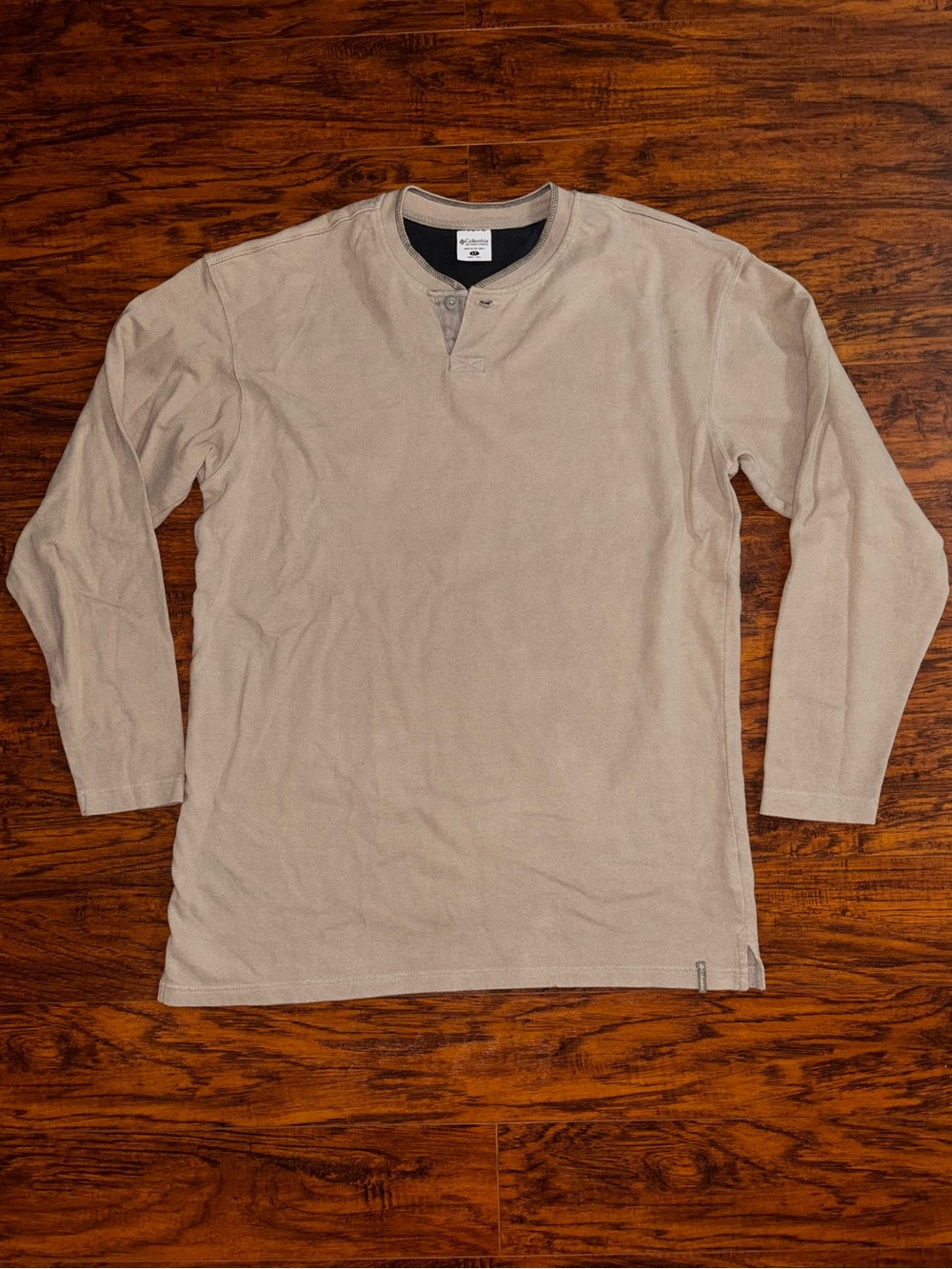 Columbia Long Sleeve Henley Tee 100% Cotton Beige Tan Large Tall Work Shirt